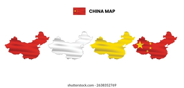China map in various style frames, icons, black color, borders, flag colors. Vector illustration