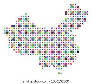 China map. Vector abstraction of geographic plan. Regular pattern is combined of x-cross elements in different colors. Abstract pixelated China map designed for political and economical applications.