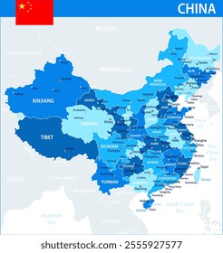 China Map Vector Blue Spot - Customizable layered political map of China with administrative divisions for website, education, reports, news, politics, print, poster and wallpaper