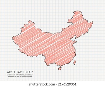 China map of vector color silhouette chaotic hand drawn scribble sketch on grid paper.