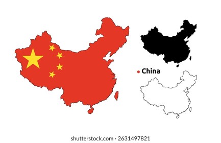 China Map Vektor - Land Umriss, Flag Inside Map, Blank und Silhouette Version	