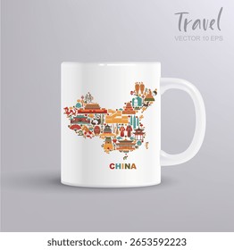 Vetor do mapa da China com símbolos culturais e maquete da caneca