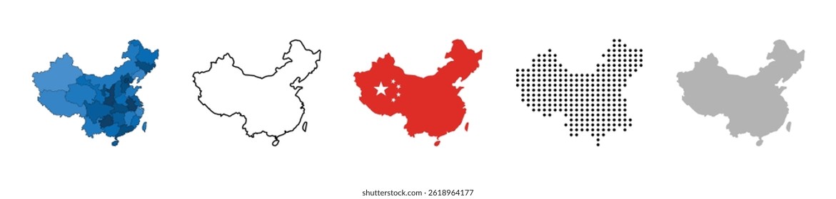 China map vector icon set. Silhouette, states, regions, outline, flag, flat, dotted styles. Vector illustration