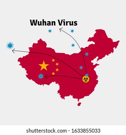 China map. Vector illustration of coronavirus. Coronavirus spreads to the world via Wuhan. Wuhan China.