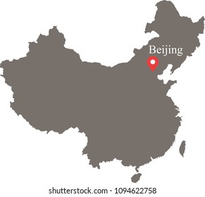 China map vector outline illustration with capital location and name, Beijing, in gray background. Highly detailed accurate Chinese map prepared by a map expert.
