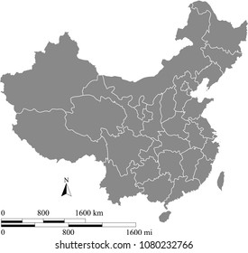 China map vector outline with scales of miles and kilometers and borders of provinces in gray background. Chinese map with mileage and kilometer scales 
