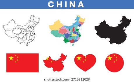 Vetor do mapa da China com províncias e conjunto de bandeira nacional