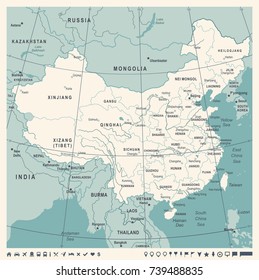 China Map - Vintage Detailed Vector Illustration