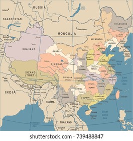 China Map - Vintage Detailed Vector Illustration