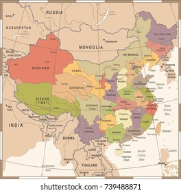 China Map - Vintage Detailed Vector Illustration