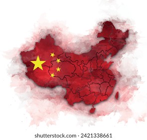 CHINA MAP WATERCOLOR STYLE WITH FLAG