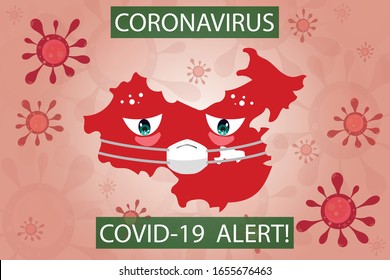 China map wearing mask with corona virus cells floating around. Covid 19 Alert sign. Dangerous China Flu spreading all of the world.