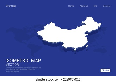 China map white on dark blue background 3d isometric vector illustration.