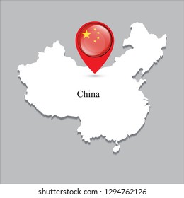 China map with white shadow and country name on the map. Check-in point with a national flag on a gray background.