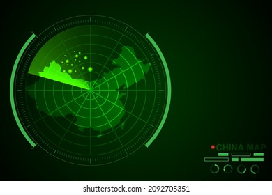 China Map - World Map International vector template with futuristic circle radar style HUD, GUI, UI interface isolated on dark green background - Vector illustration eps 10