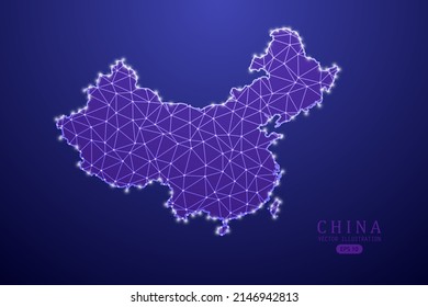 China Map - World Map International vector template with purple mash line, point scales, and polygon style isolated on purple technology background - Vector illustration eps 10