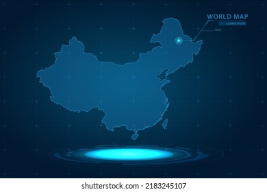 China Map - World Map International vector template with Hologram in perspective style and HUD, GUI, UI interface isolated on blue background for design - Vector illustration eps 10