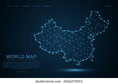 China Map - World Map mash line and point scales on blue technology background. Wire Frame 3D mesh polygonal network line, design sphere, dot and structure - Vector illustration eps 10