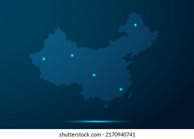 China Map - World Map vector template with dots, grid, grunge, halftone style and light, network line, design sphere on blue technology background -  Vector illustration eps 10