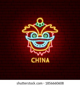 China Mask Neon Label. Vector Illustration of Chinese Promotion.