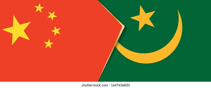 China und Mauretanien sind Flaggen, zwei Vektorillustrationen Flaggen, Symbol für Beziehung oder Konfrontation.