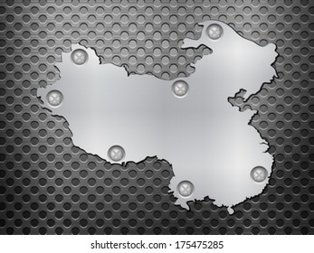 China metal map on a black metal grid.