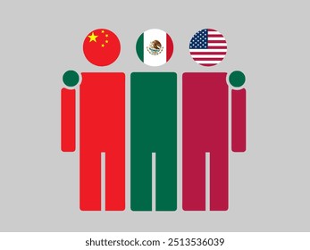 China, Mexico, and USA National Flags With Embracing Body. Vector Illustration. Isolated background.
