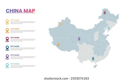 China Modern Map Infographic Template, Detailed infographic map of China Popular City