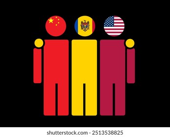China, Moldova, and USA National Flags With Embracing Body. Vector Illustration. Isolated background.