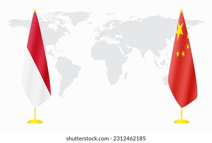 China and Monaco flags for official meeting against background of world map.