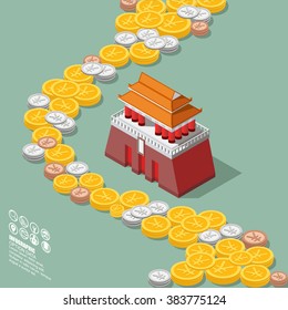 China Money Yuan Coin With Tiananmen Square Isometric Diagram Vector Design