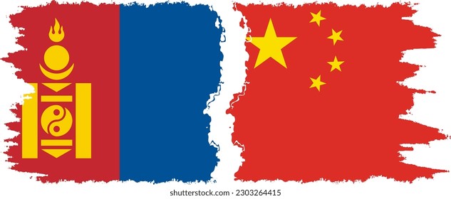 China and Mongolia grunge flags connection, vector