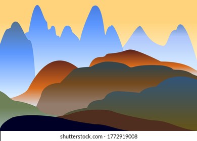 China Berge Landschaft im abstrakten, flachen Cartoon-Stil. Vielfarbige Gradientengebirge und ein Kreisnetz. Vektorgrafik