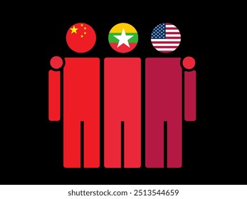 China, Myanmar, and USA National Flags With Embracing Body. Vector Illustration. Isolated background.