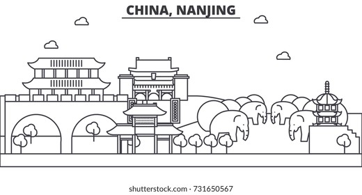 China, Nanjing architecture line skyline illustration. Linear vector cityscape with famous landmarks, city sights, design icons. Landscape wtih editable strokes