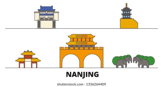 China, Nanjing flat landmarks vector illustration. China, Nanjing line city with famous travel sights, skyline, design. 