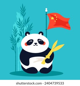 Animal nacional de China - ilustración vectorial de color moderno con oso panda con una rama de bambú en sus manos, bandera roja nacional con estrellas. Símbolos asiáticos, mamíferos bonitos, tradiciones y estereotipos