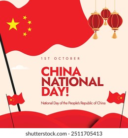 Día Nacional de China. 1 de octubre Día nacional de las Personas República de China Anuncio de celebración con sus banderas, linternas rojas, Elementos de arte abstracto. Celebración del día chino, poste de los deseos.