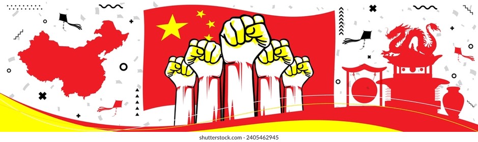 Banner del Día Nacional de China para el aniversario de la independencia con bandera china y mapa en diseño moderno, abstracto en colores rojo y amarillo