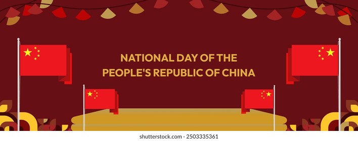 China National Day banner in modern geometric style. Wide banner suitable for greeting card, web, leaflet, and more with country flag. 1st October. Happy National Day of the People's Republic of China