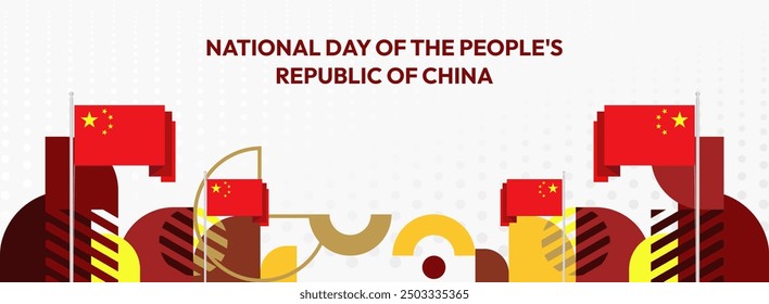 China National Day banner in modern geometric style. Wide banner suitable for greeting card, web, leaflet, and more with country flag. 1st October. Happy National Day of the People's Republic of China