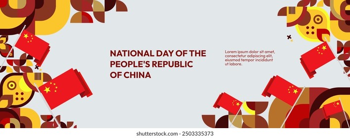 China National Day banner in modern geometric style. Wide banner suitable for greeting card, web, leaflet, and more with country flag. 1st October. Happy National Day of the People's Republic of China