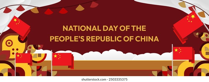 China National Day banner in modern geometric style. Wide banner suitable for greeting card, web, leaflet, and more with country flag. 1st October. Happy National Day of the People's Republic of China