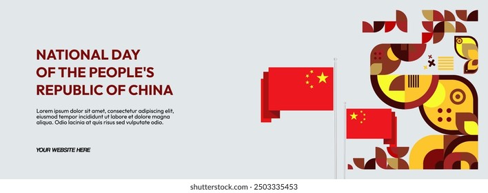 China National Day banner in modern geometric style. Wide banner suitable for greeting card, web, leaflet, and more with country flag. 1st October. Happy National Day of the People's Republic of China