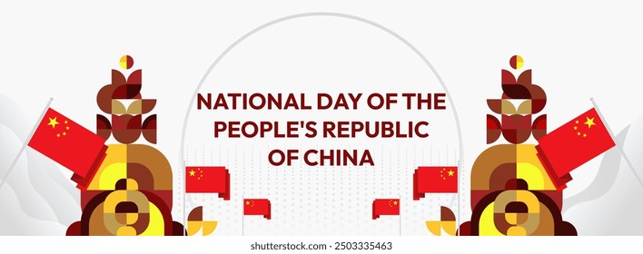 China National Day banner in modern geometric style. Wide banner suitable for greeting card, web, leaflet, and more with country flag. 1st October. Happy National Day of the People's Republic of China