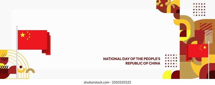 China National Day banner in modern geometric style. Wide banner suitable for greeting card, web, leaflet, and more with country flag. 1st October. Happy National Day of the People's Republic of China