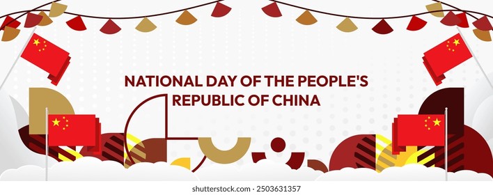 China National Day long banner with colorful modern geometric style. Happy China Proclamation Day greeting card cover with typography. Vector illustration for national holiday celebration party