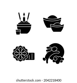 China national holidays black glyph icons set on white space. Rice bowl. Gold ingots. Mooncakes. Moon hare. Chinese funeral tradition. Wealth symbol. Silhouette symbols. Vector isolated illustration