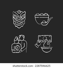 China national holidays chalk white icons set on black background. Dragon dance. Tangyuan. Old couple. Burning money. Chinese new year. Rice dumpling. Isolated vector chalkboard illustrations