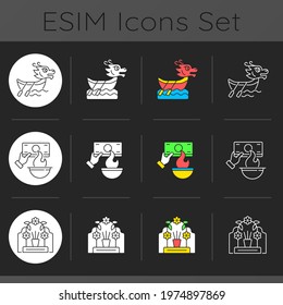 China national holidays dark theme icons set. Dragon boat festival. Burning money. Tomb sweeping day. Tuen Ng. Joss paper. Linear white, solid glyph and RGB color styles. Isolated vector illustrations